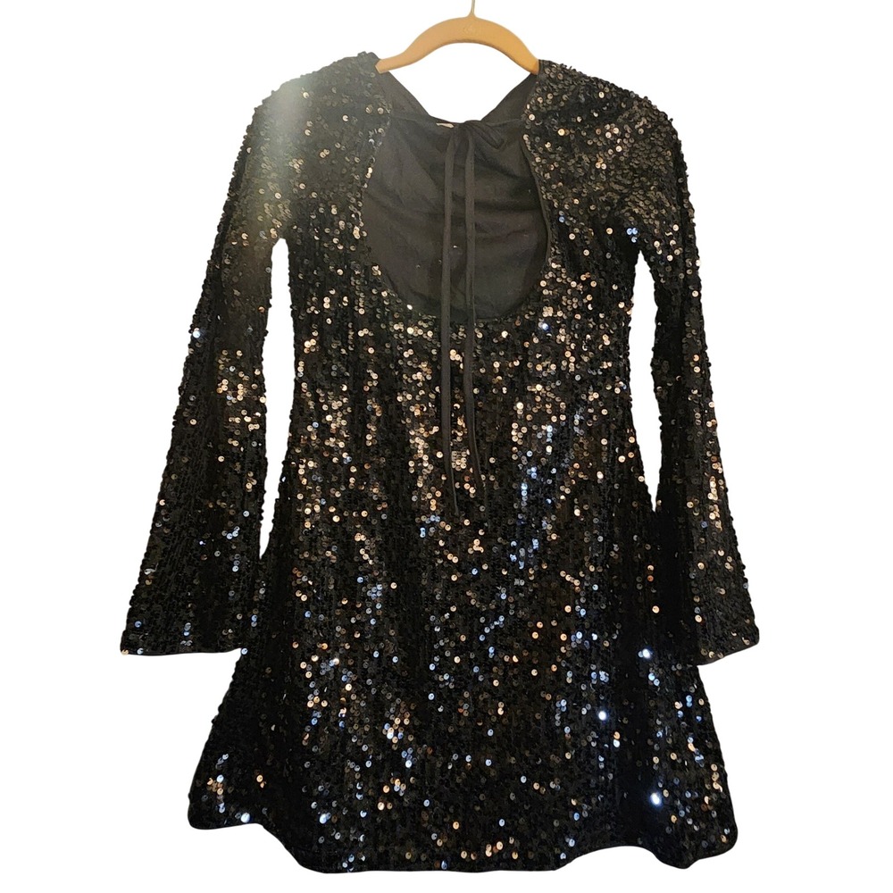 SHEIN Sequin Mini Dress Women Small Black Excellent Open Back Long Sleeve Party - Picture 2 of 11